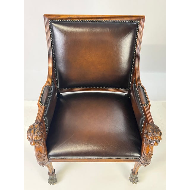 Pair of Theodore Alexander Regency Style Carved Lion & Hairy Paw Caster Armchairs in Brown Leather For Sale - Image 14 of 17