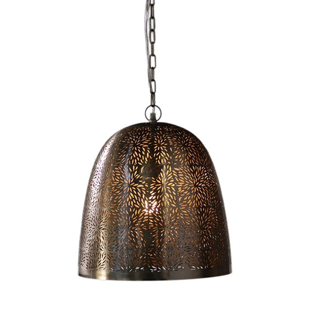 Nickel perforated pendant dome with intricate cut outs create beautiful design on ceiling. Includes 3’ of chain and...