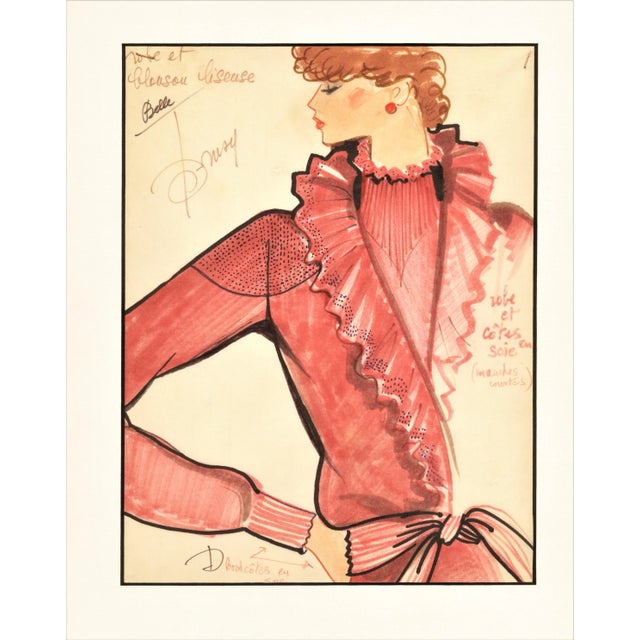 1980s 1980s French Fashion Drawing With Notations, Matted For Sale - Image 5 of 5