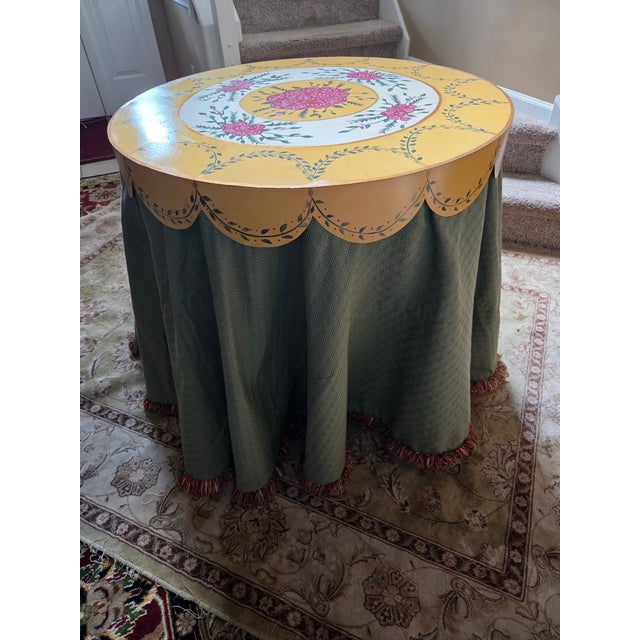 Traditional Custom Side Accent Table – Hand-Painted Metal Top & Fabric Skirt For Sale - Image 3 of 14