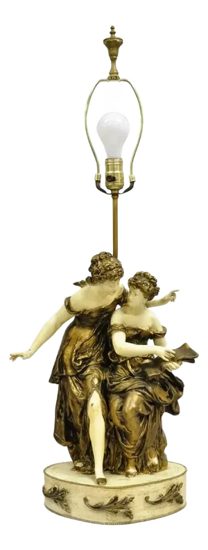 Antique French Rennaisance Moreau Figural Metal Table Lamp With Two Women