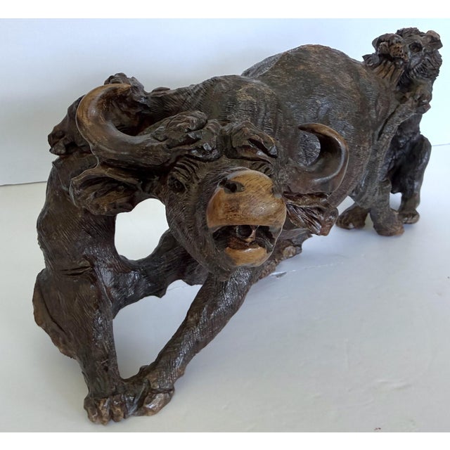 African Large Hand Carved African Ironwood Sculpture Lions Attacking Cape Buffalo For Sale - Image 3 of 10
