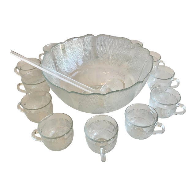 Vintage French Holiday Punch Bowl With 12 Punch Cups, and Ladle -14 Pieces For Sale