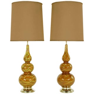 Caramel Glazed Ceramic Triple Gourd Form Table Lamps - a Pair For Sale