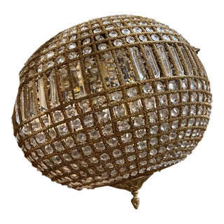 1970s Large Sphere Brass and Crystal Chandelier For Sale