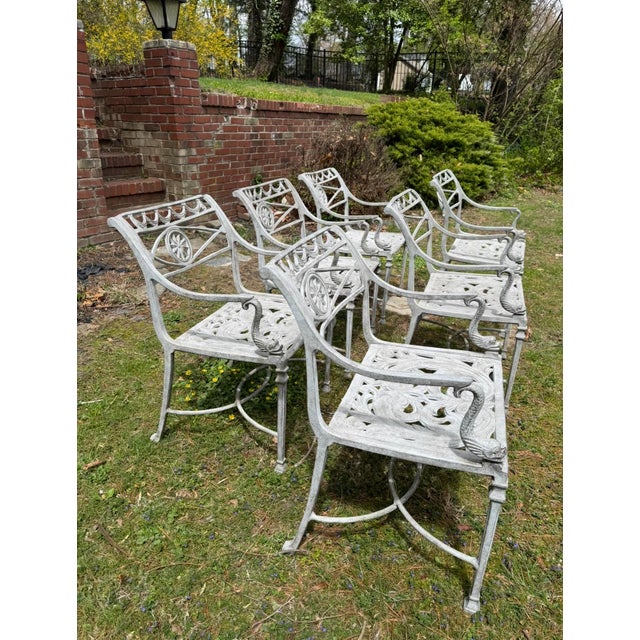1990s Set of 6 Vintage Cast Aluminum Outdoor Star and Dolphin Armchairs For Sale - Image 5 of 6