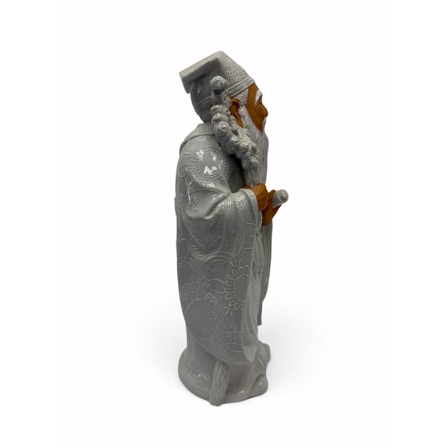 Vintage Signed Japanese Kutani Moriage Porcelain Jurojin Statue For Sale - Image 4 of 6