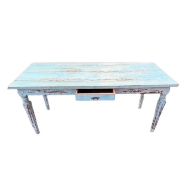 Rustic Vintage Coastal Turquoise Rustic Farm Table For Sale - Image 3 of 9