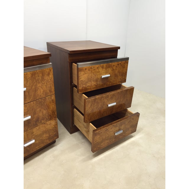 Pair of Walnut Three Drawer Nightstands With Burl Fronts and Silver Accents by National Mt. Airy For Sale - Image 9 of 14