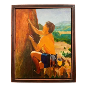 Late 20th Century Portrait Painting of Rock Climbing Boy on Mountain Landscape Original Signed