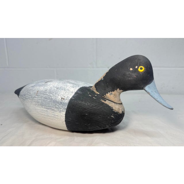 1940s Antique Hand Carved Wood Folk Art Bluebill Drake Duck Decoy Bird Sculpture For Sale - Image 5 of 12