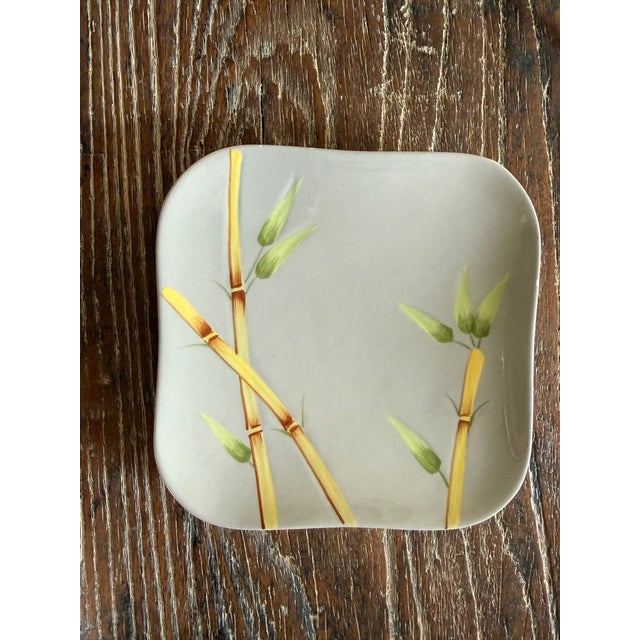 Mid 20th Century Weil Ware California 5.75 Inch Square Plates Hand Decorated Bamboo Pottery - Set of 6 For Sale - Image 9 of 11