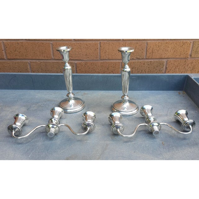 Pair of Weighted Sterling Silver Convertible Three-Light Cadelabra For Sale - Image 4 of 6