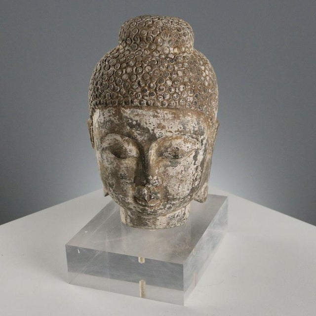 Stone Buddha Head with Acrylic Glass Base For Sale - Image 5 of 9