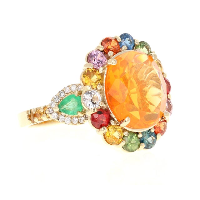Contemporary 6.74 Carat Fire Opal Sapphire Diamond 14 Karat Yellow Gold Cocktail Ring Size 7 For Sale - Image 3 of 8