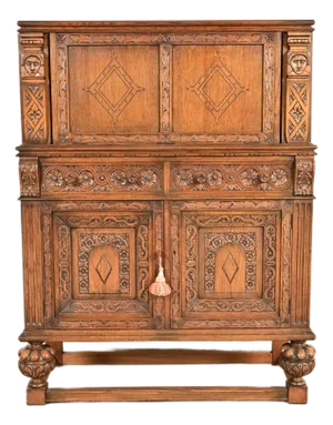 Antique English Jacobean Carved Oak Bar Cabinet, Circa 1920s