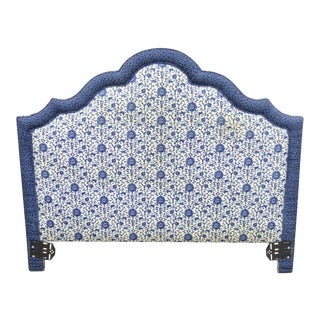 Vintage French Country Blue & White Upholstered Queen Size Headboard For Sale