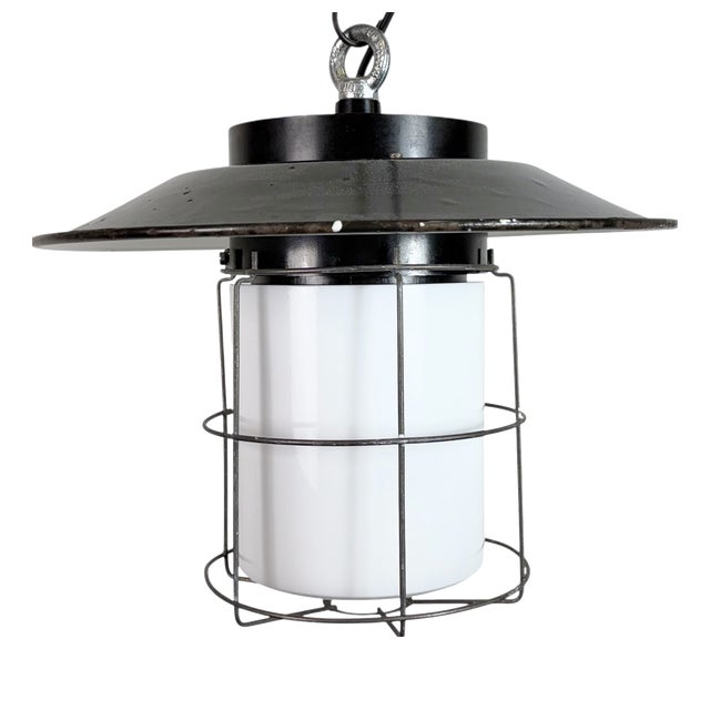 Industrial Grey Enamel, Glass, and Iron Cage Pendant Lamp from Elektrosvit, 1960s For Sale