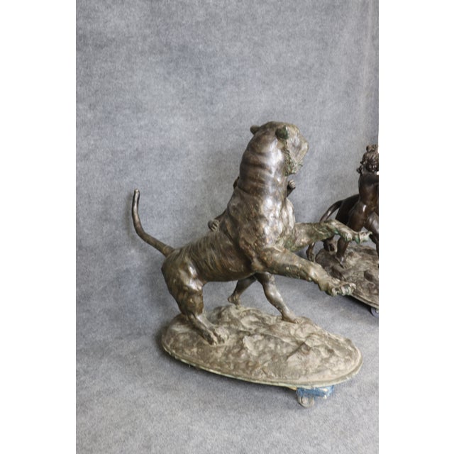 Unique Life-Size Pair of Bronze Large Lion and Tiger Protecting Children For Sale - Image 4 of 12