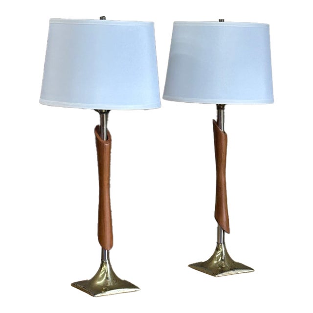 1960s Mid-Century Modern Walnut and Brass Sculptural Lamps After Laurel - Pair For Sale