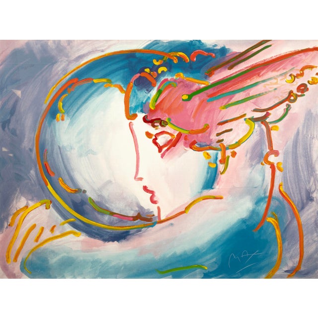 A serigraph on paper titled "I Love the World" by Peter Max. Published circa 2000s. Hand signed in white pencil on the...