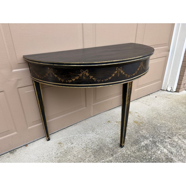 1980s Regency Black and Gold Demilune Console Table For Sale - Image 5 of 10