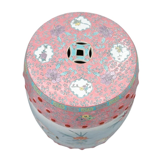 Late 20th Century Pair of Famille Rose Porcelain Garden Stools With Floral and Figural Motifs For Sale - Image 10 of 11