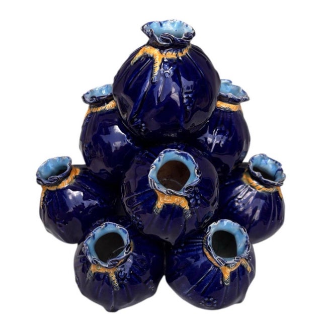 Large Unusual English large Majolica flower holders vase in a form of ten sacks tied with yellow rope, circa 1880....