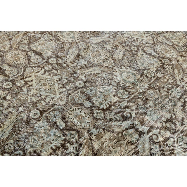 Antique Mahal Hand-Knotted Wool Rug in Neutral Mocha, Espresso, & Ice Blue For Sale - Image 10 of 12