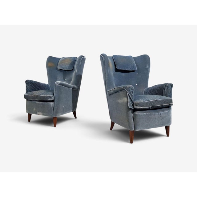 Mid-Century Modern Danish Cabinetmaker, Lounge Chairs, Blue Velvet, Stained Wood, Denmark, 1950s For Sale - Image 3 of 11