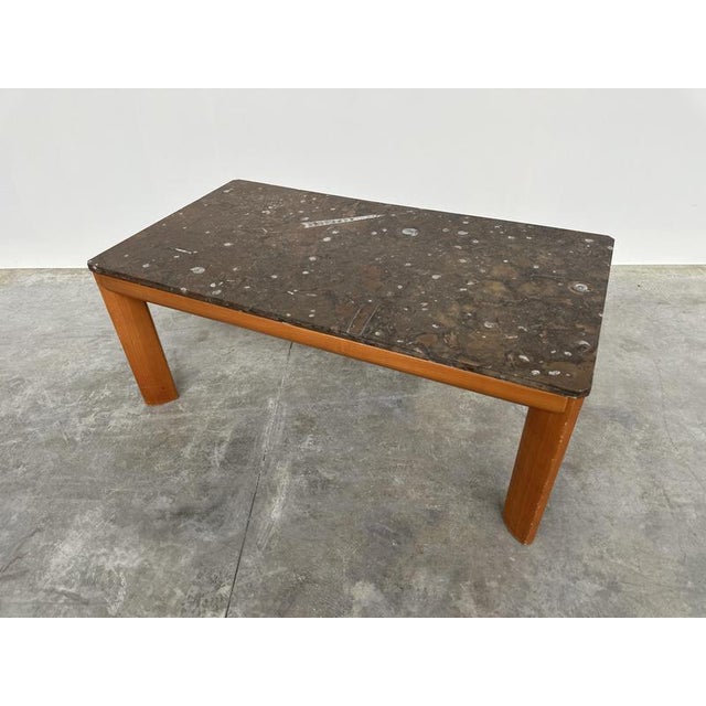 Brown Modernist Fossil Marble Coffee Table with Wooden Base, 1970s For Sale - Image 8 of 10