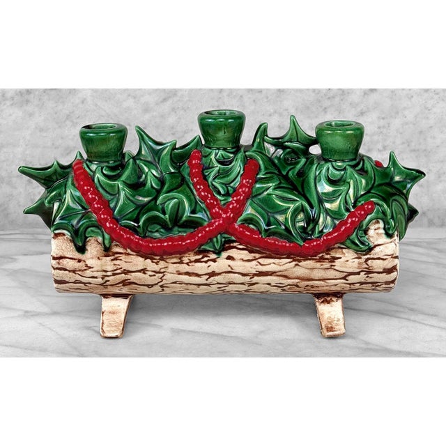 Vintage 1960's Christmas Yule Log Ceramic Centerpiece Candlestick Holder For Sale - Image 6 of 11