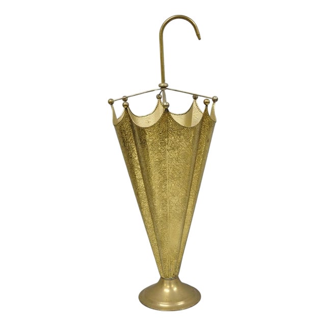 Vintage Art Deco Embossed Brass Figural Umbrella Form Umbrella Stand Holder For Sale