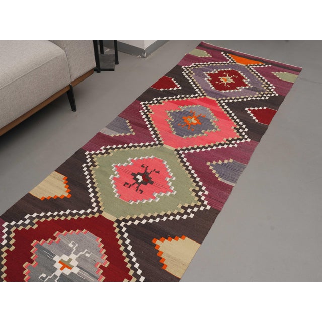 Boho Chic 1970s Vintage Handmade Wool Cotton Purple Runner Rug For Sale - Image 3 of 11