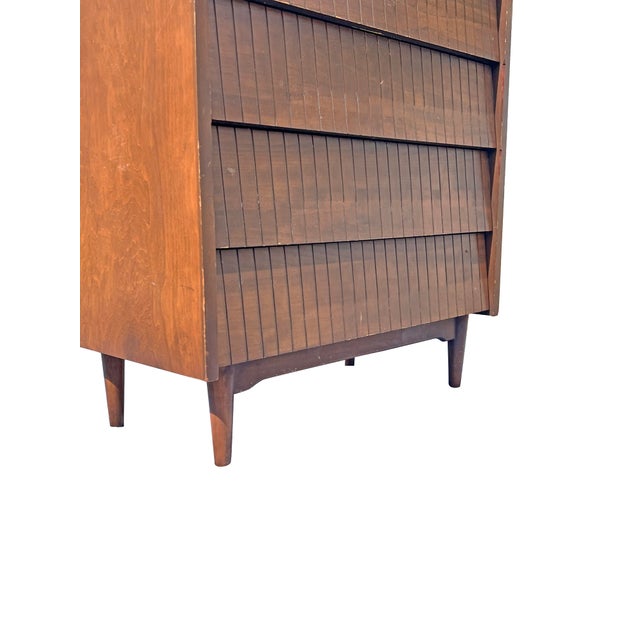 Vintage Mid Century Modern Tall Highboy Dresser in Tessellated Layered Design Chest of Drawers For Sale - Image 9 of 9