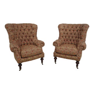 Pair Stanford Tufted Upholstered Large Club Chairs For Sale
