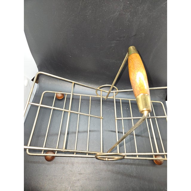 Vintage Mid-Century Modern (Mcm) Brass Cocktail Caddy with Wood handle and ball feet. For 8 glasses