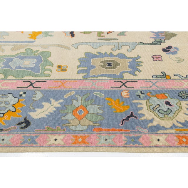 Textile Contemporary Hand-Knotted Oushak Style Wool Rug in Ivory, Soft Blue, & Pastel For Sale - Image 7 of 12