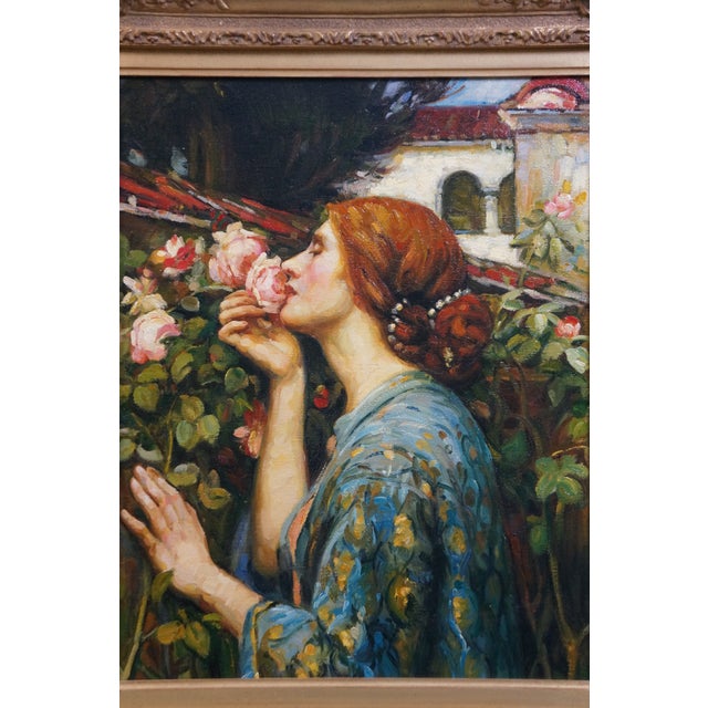 Late 20th Century Late 20th Century Sole of a Rose Portrait Oil Painting on Burlap After John William Waterhouse 27" For Sale - Image 5 of 10