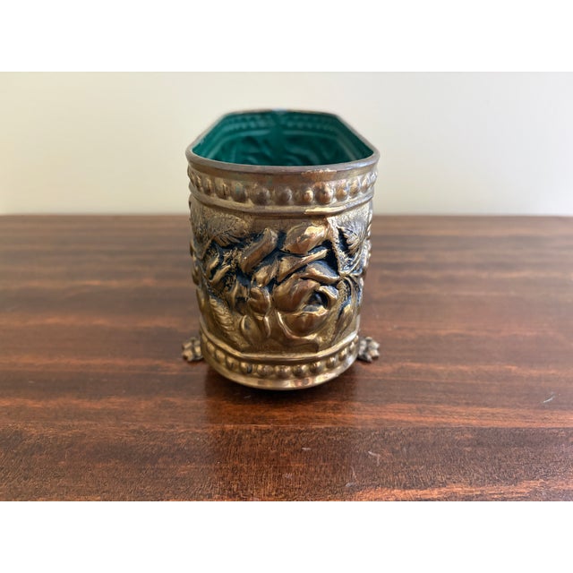 Metal English Brass Repoussé Rose Cachepot With Paw Feet, Mid-20th Century For Sale - Image 7 of 11