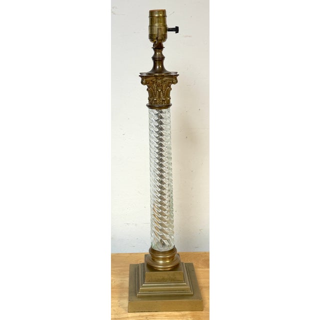 Early 20th Century Baccarat Attributed Gilt Bronze and Spiral Crystal Corinthian Column Lamps - a Pair For Sale - Image 12 of 13