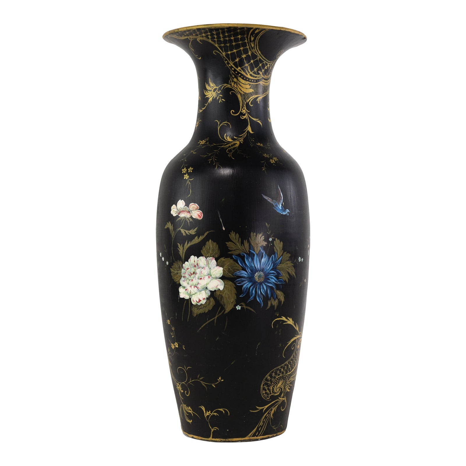 Vintage Black Chinoiserie Porcelain Vase With Hand-Painted Flowers and ...