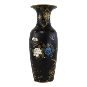 Vintage Black Chinoiserie Porcelain Vase With Hand-Painted Flowers and Gold Gilt Accents