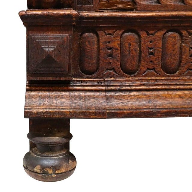 English Jacobean Carved Oak Sideboard With Ornate Stained Glass C1900 For Sale - Image 12 of 16