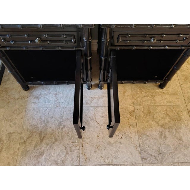 A Pair of Faux Bamboo Nightstands Black For Sale - Image 4 of 11