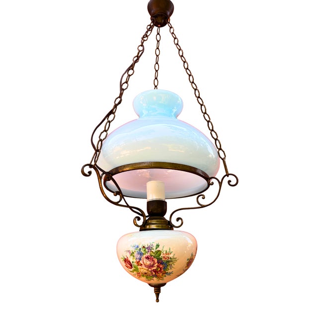 French Blue Opaline Hanging Lamp with Floral Decorated Reservoir in Brass and Opaline Glass, 1940s For Sale - Image 3 of 5
