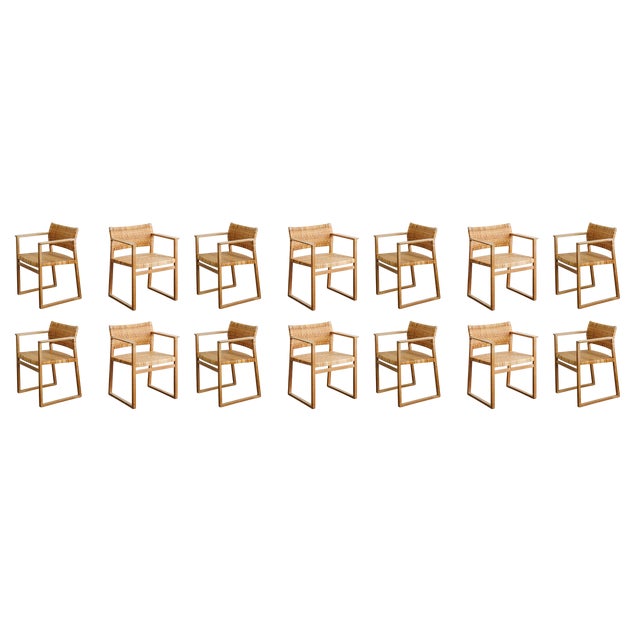 Danish Mid Century Wood & Rattan BM-61 & BM-62 Dining Chairs by Børge Mogensen, 1960s, Set of 14 For Sale
