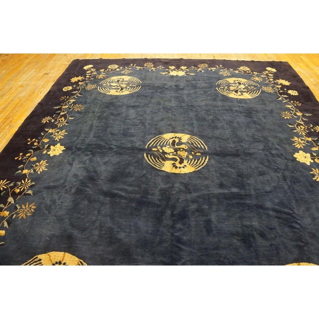 Textile 1920s Antique Blue Navy Traditional Floral Birds Chinese Peking Wool Rug For Sale - Image 7 of 10
