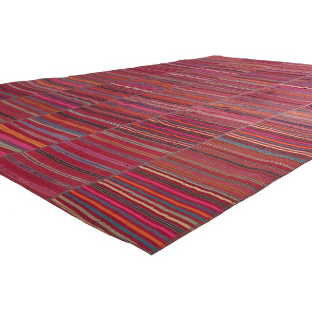 60648 Vintage Turkish Striped Kilim Rug, 07'03 x 11'00. Immerse yourself in the relaxed refinement and vibrant tableau of...