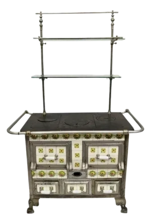 European French or Belgium Cast Iron Art Nouveau Tile Wood Coal Burning Stove